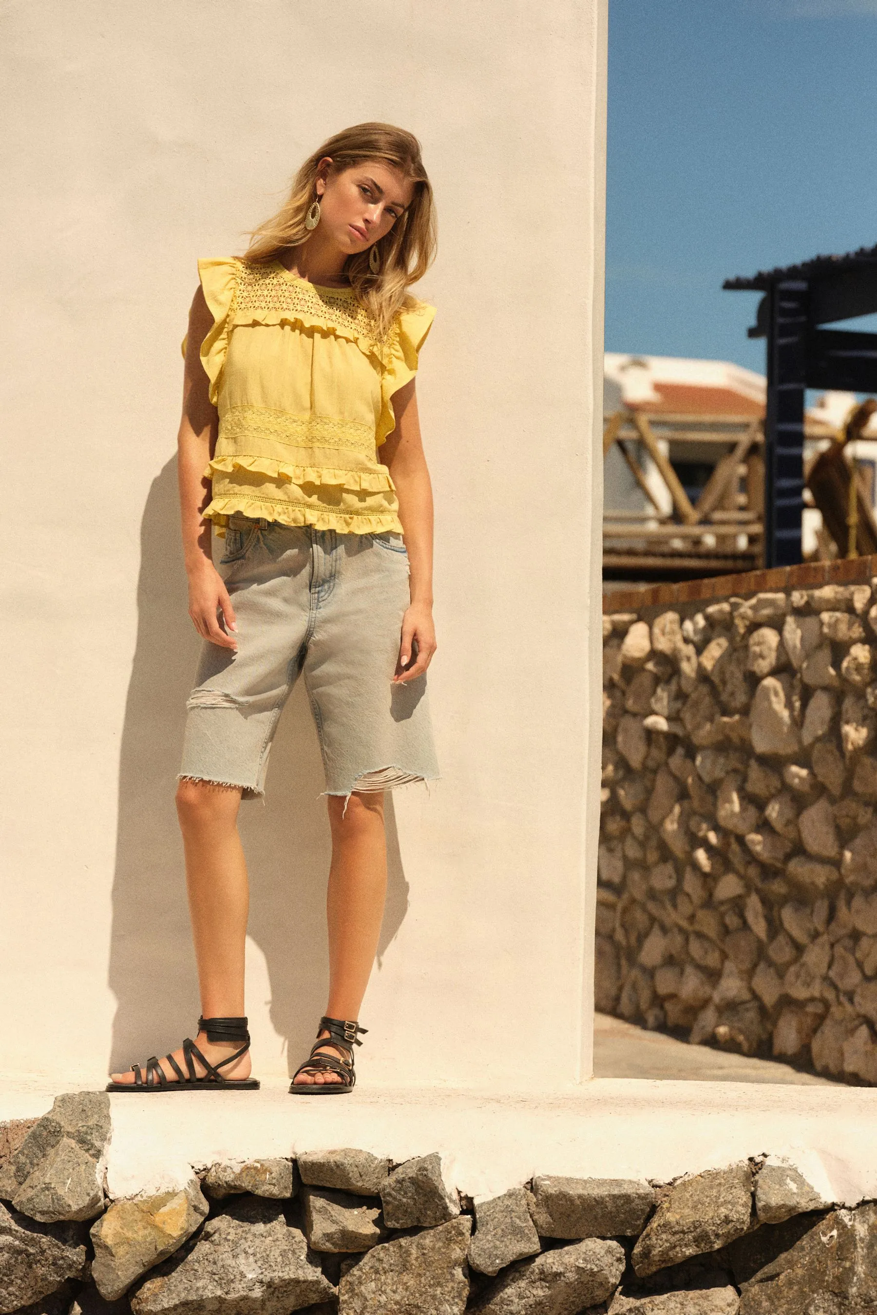 Summer Blouse with Frill Sleeve and Lace Insert