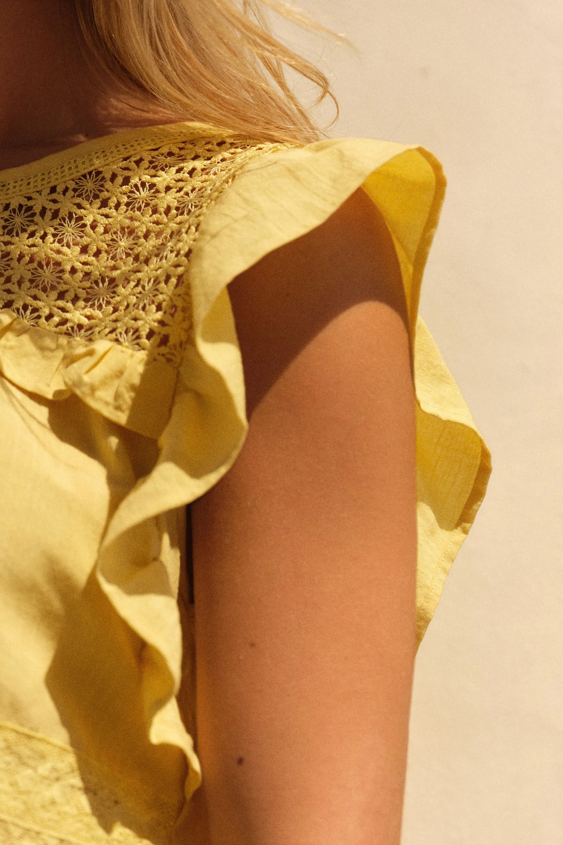Summer Blouse with Frill Sleeve and Lace Insert