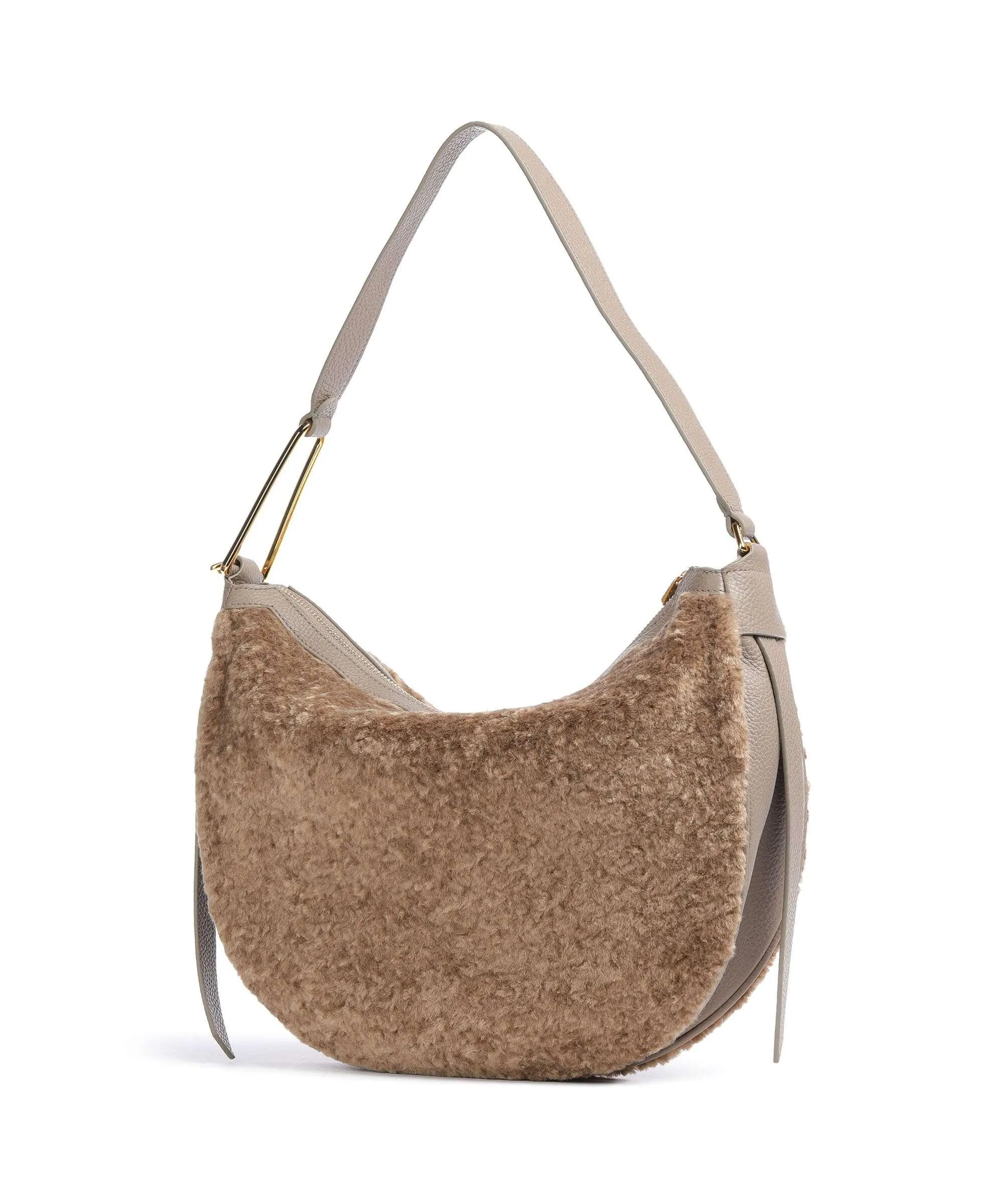 Taupe Grained Calfskin & Faux Fur Priscilla Astrakan Hobo Bag