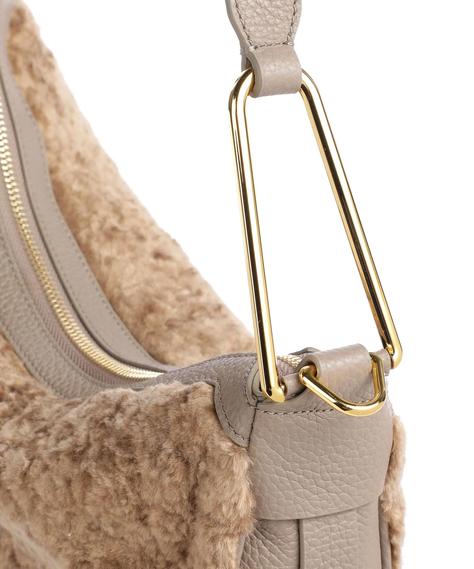 Taupe Grained Calfskin & Faux Fur Priscilla Astrakan Hobo Bag