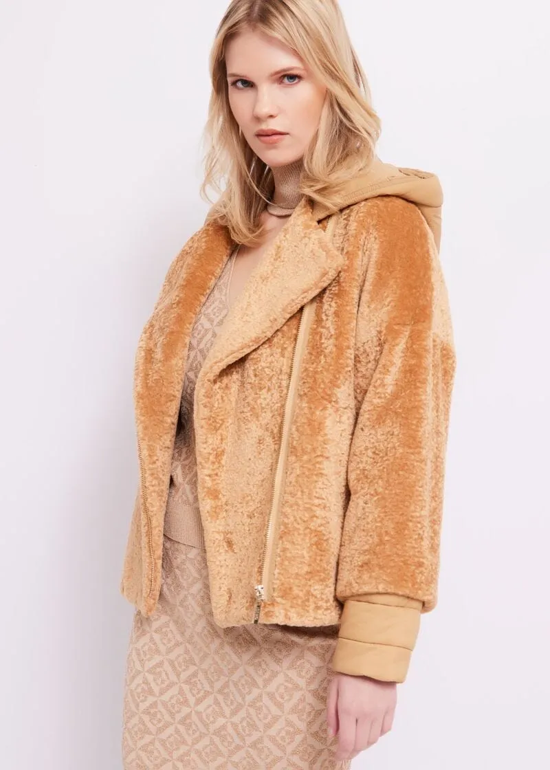 Teddy and nylon jacket.