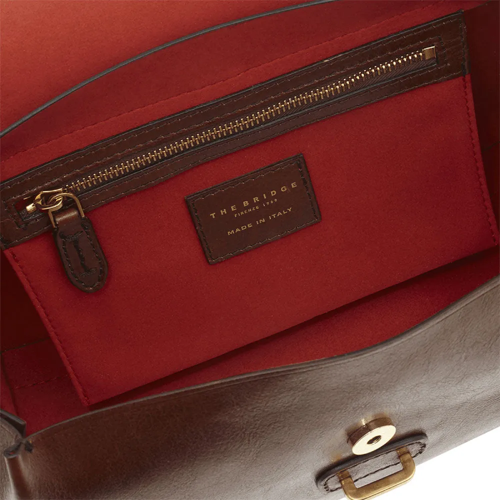 THE BRIDGE Medium Brown Leather Florentine Line Double-Function Women's Handbag with Shoulder Strap