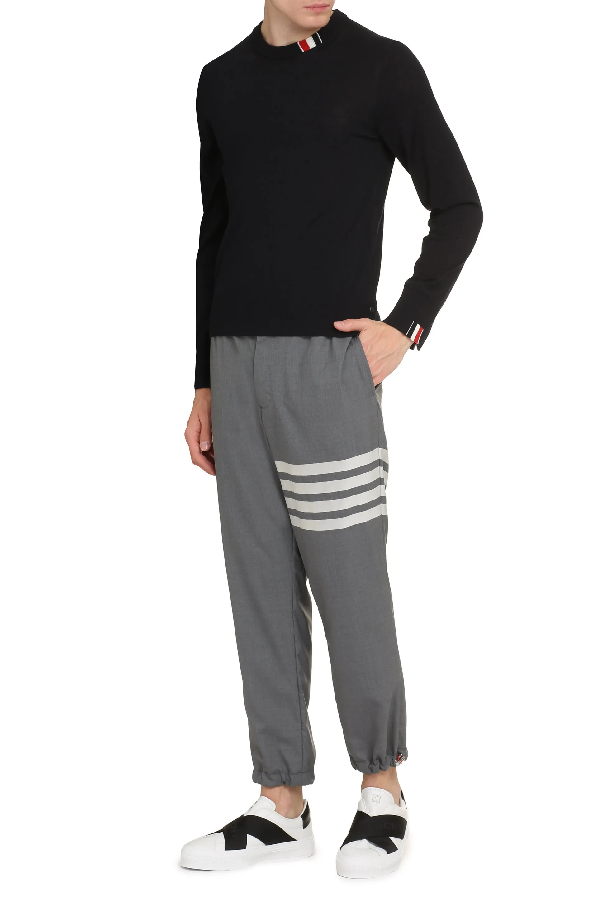 Thom Browne virgin wool crewneck sweater.