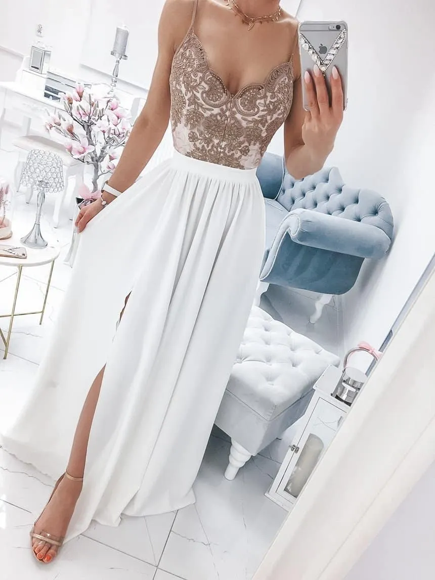 White lightweight fabric elegant ceremony dress.