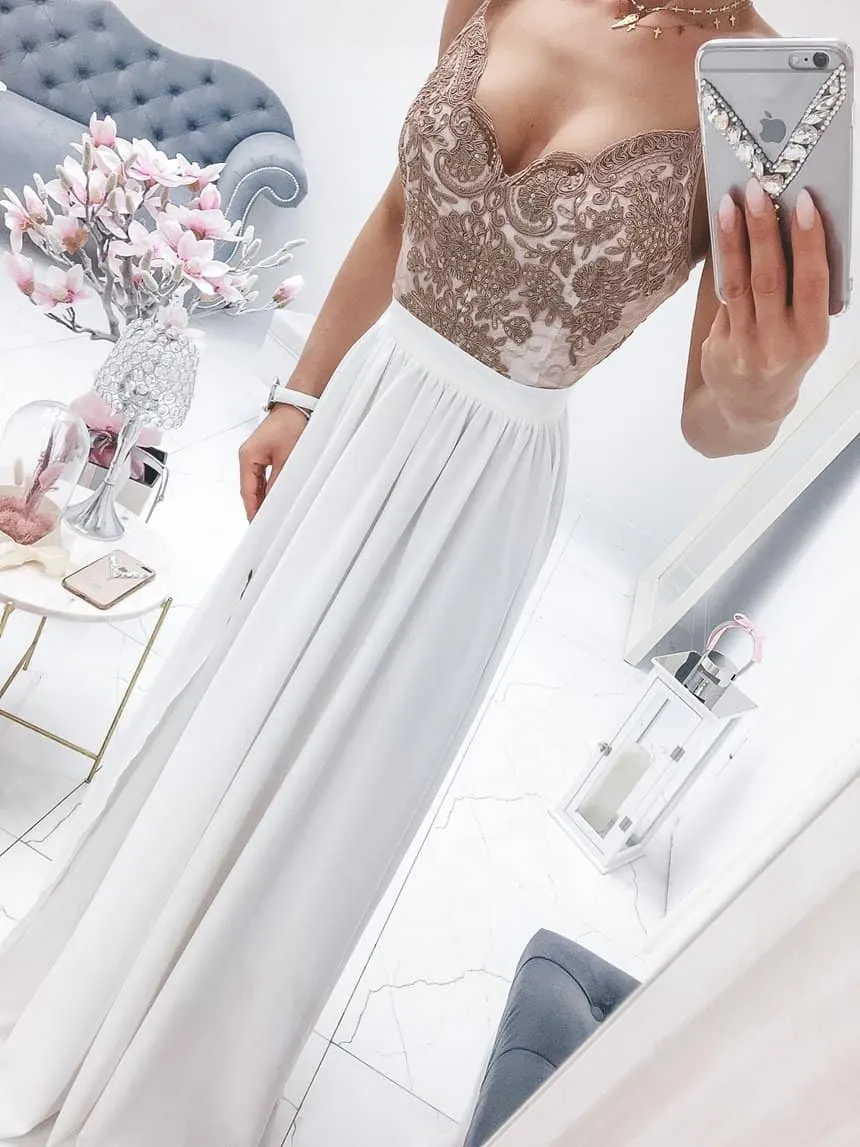 White lightweight fabric elegant ceremony dress.