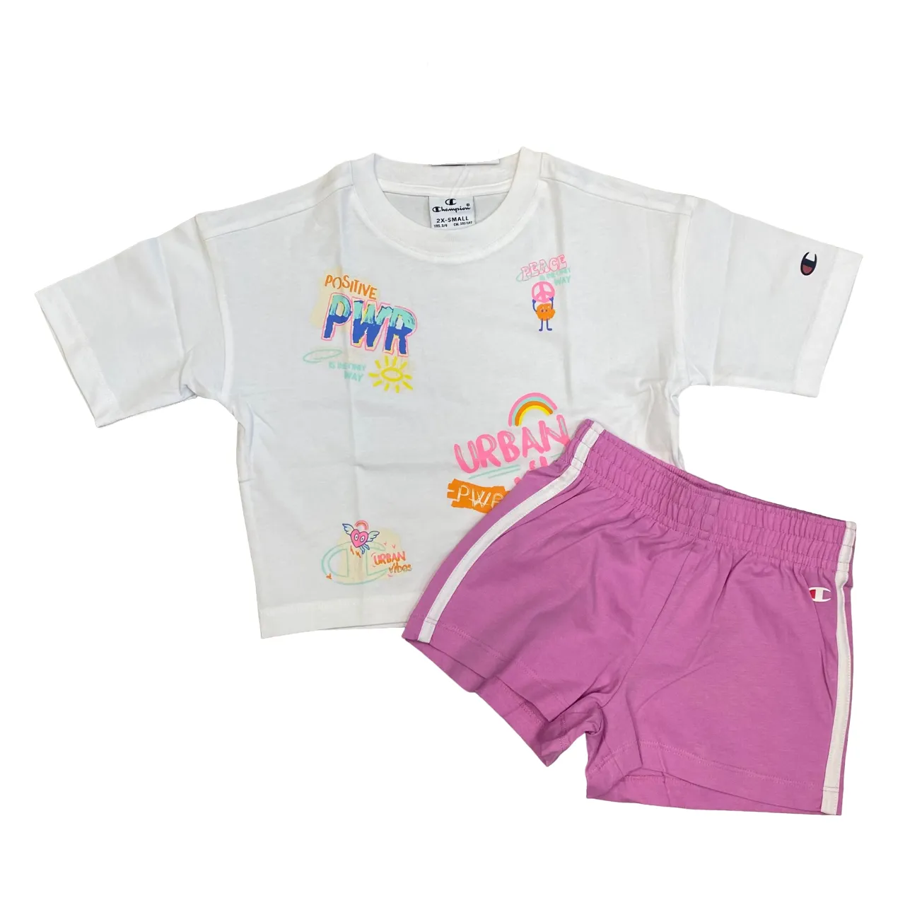 White-Pink Champion Girl's Short Sleeve T-Shirt and Shorts Set 404929 WW001