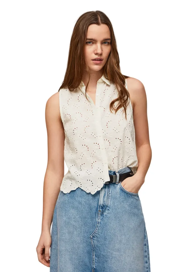 White Sleeveless Perforated Women's PepeJeans Blouse Eris PL304553 800
