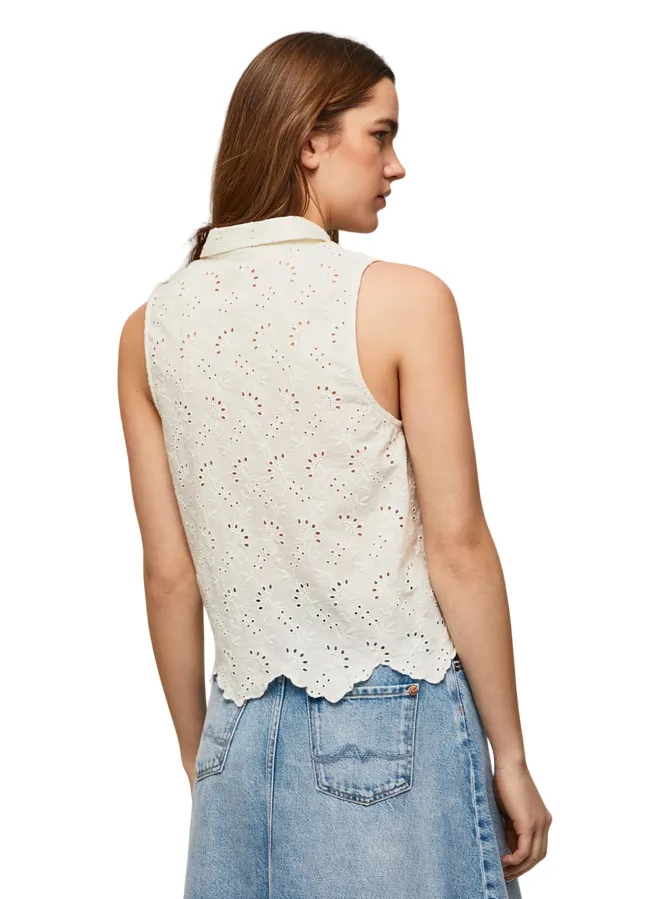 White Sleeveless Perforated Women's PepeJeans Blouse Eris PL304553 800