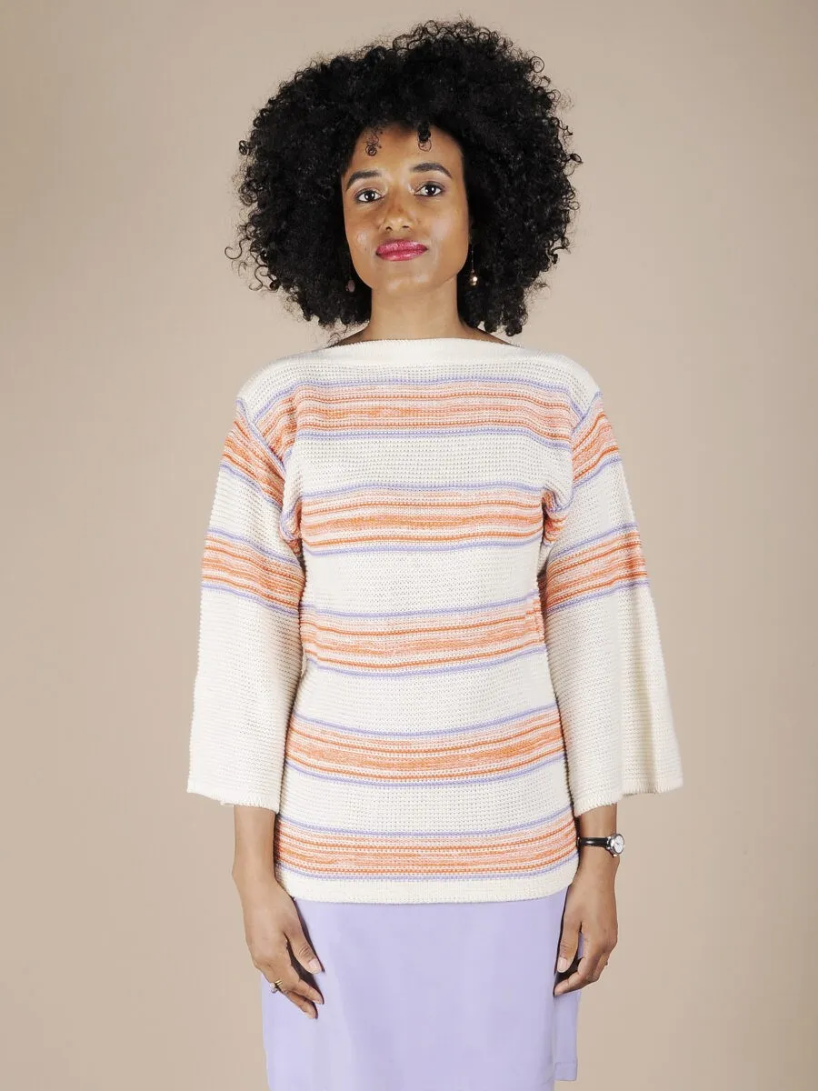 White striped sweater with lilac and orange stripes