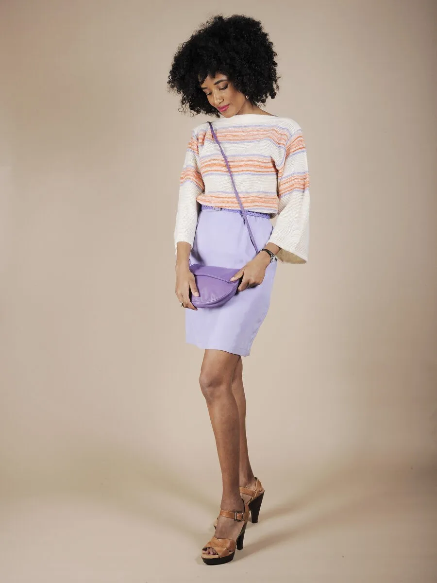White striped sweater with lilac and orange stripes