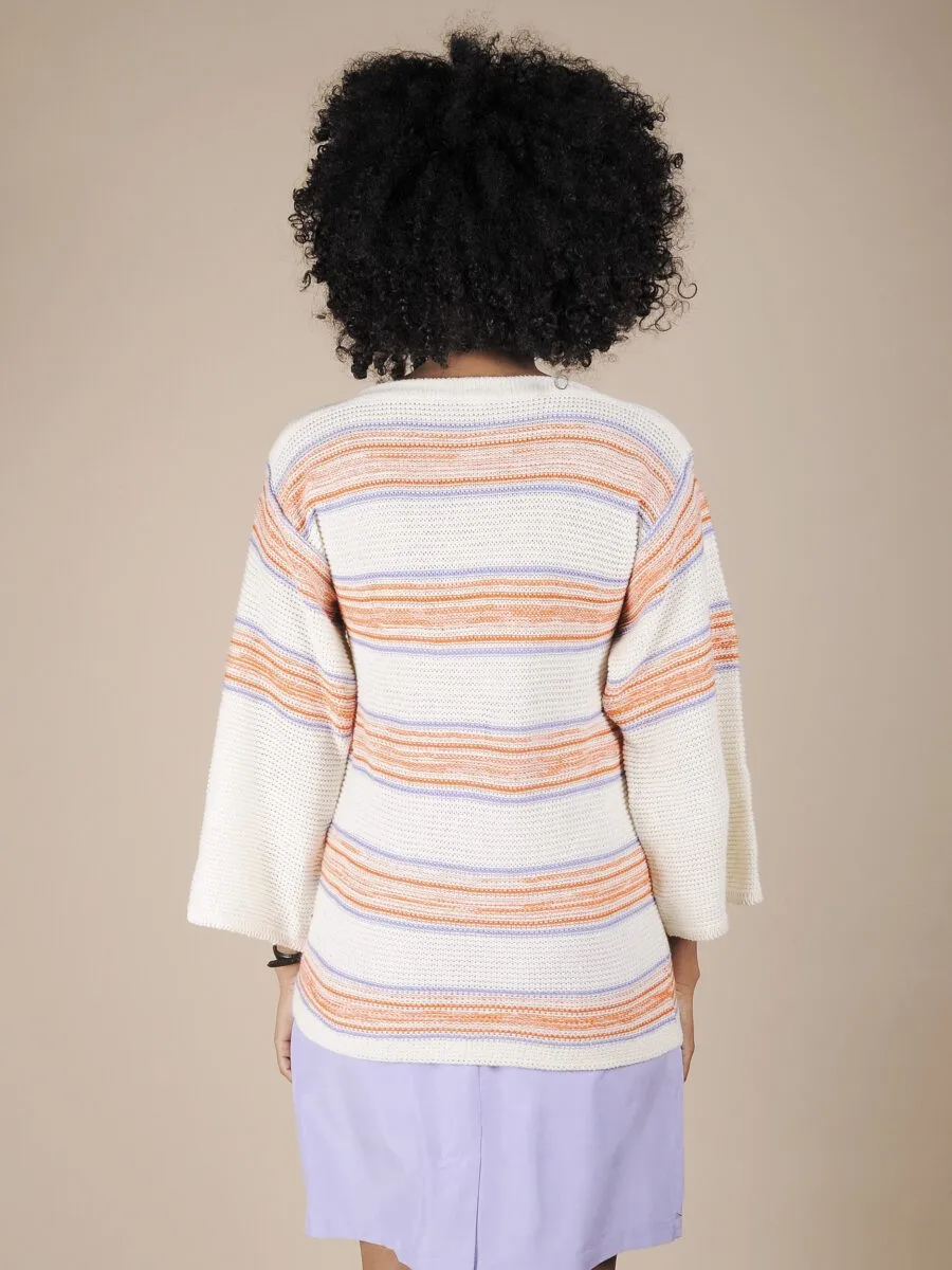 White striped sweater with lilac and orange stripes