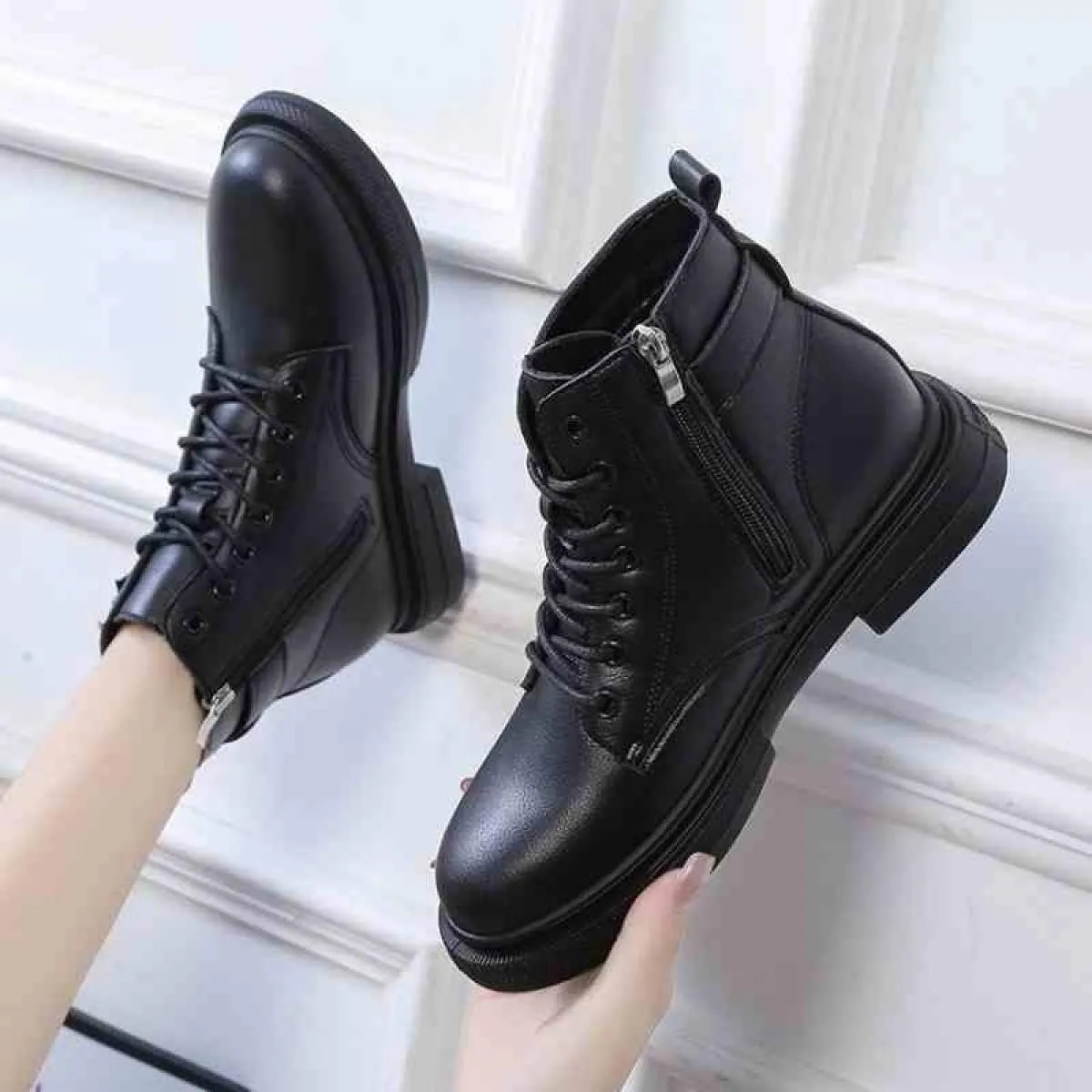 Winter cotton warm boots for women - Natural leather fashion ankle boots, white and black - Women's boots in the style of Botas 