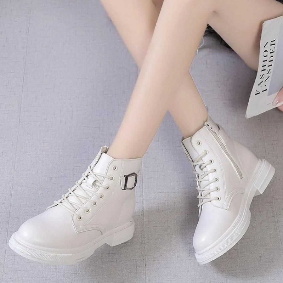 Winter cotton warm boots for women - Natural leather fashion ankle boots, white and black - Women's boots in the style of Botas 
