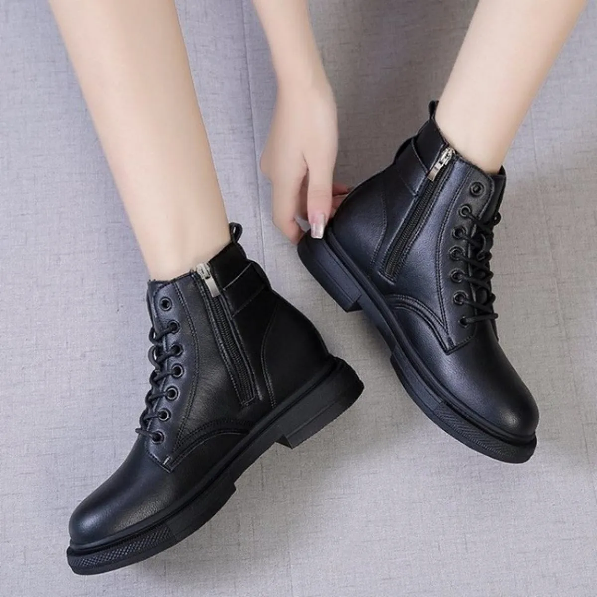 Winter cotton warm boots for women - Natural leather fashion ankle boots, white and black - Women's boots in the style of Botas 