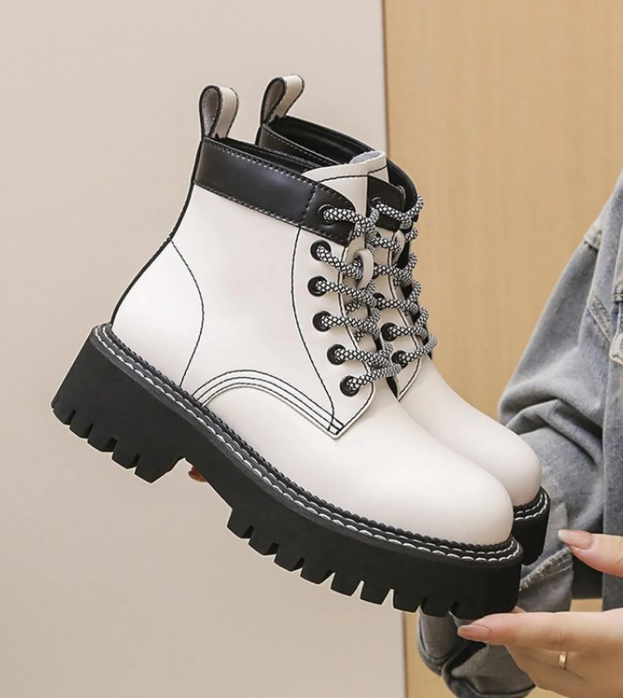 Women's 2022 New Autumn Winter Mixed Colors Leather Ankle Boots British Style Platform Round Toe.