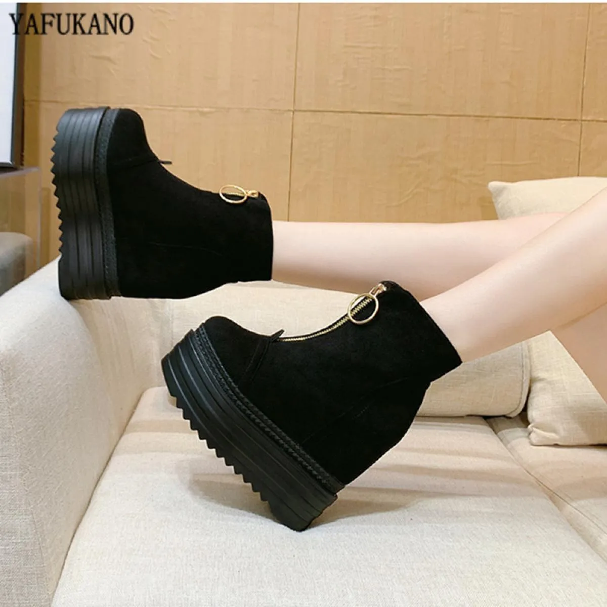 Women's ankle boots with 13 cm wedge heel, thick sole, short boots with front zipper, high heel for women, B