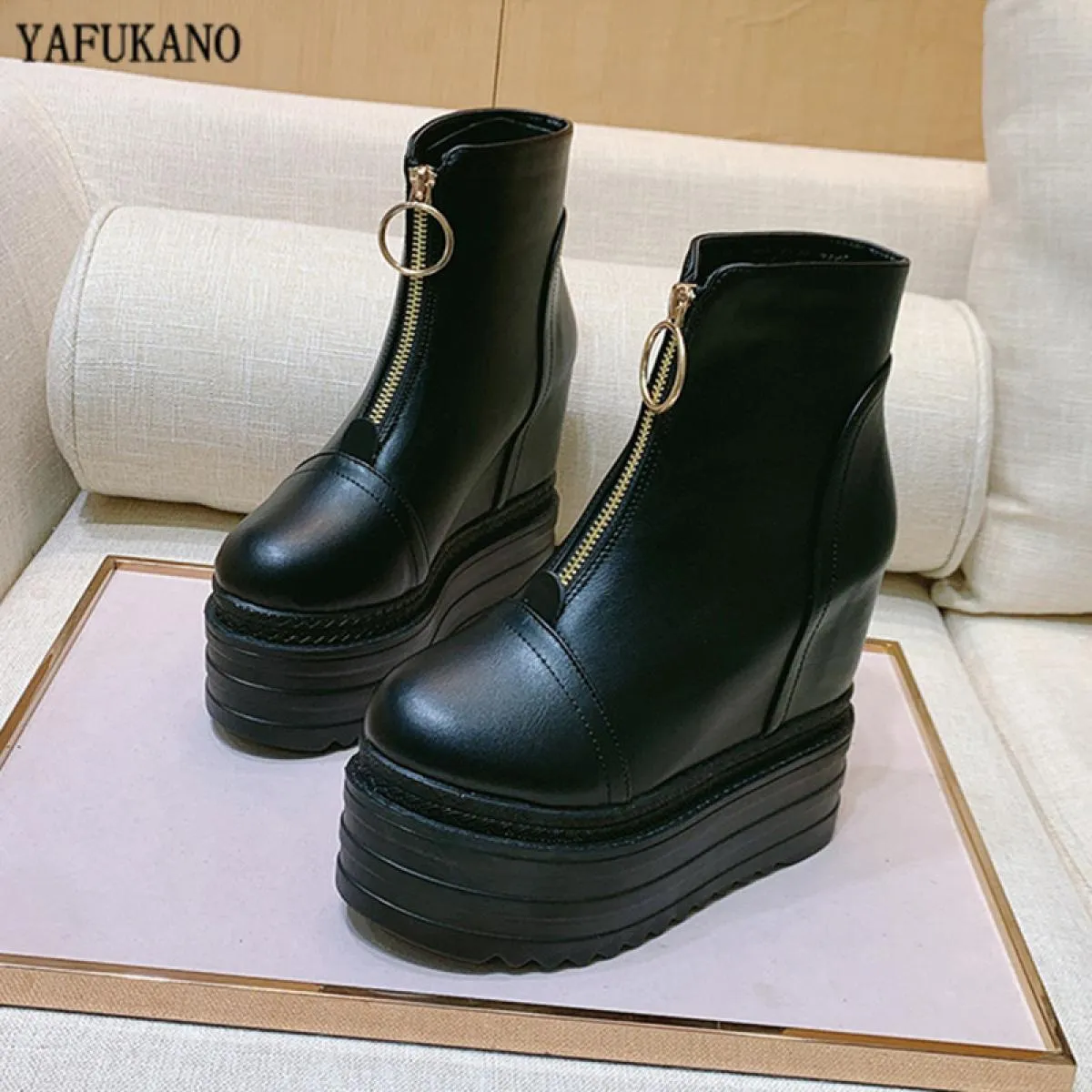 Women's ankle boots with 13 cm wedge heel, thick sole, short boots with front zipper, high heel for women, B
