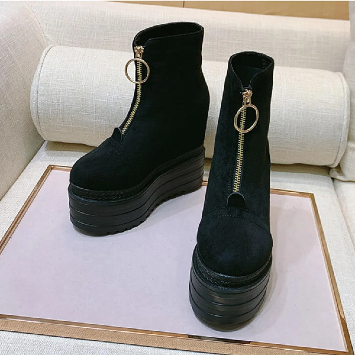 Women's ankle boots with 13 cm wedge heel, thick sole, short boots with front zipper, high heel for women, B