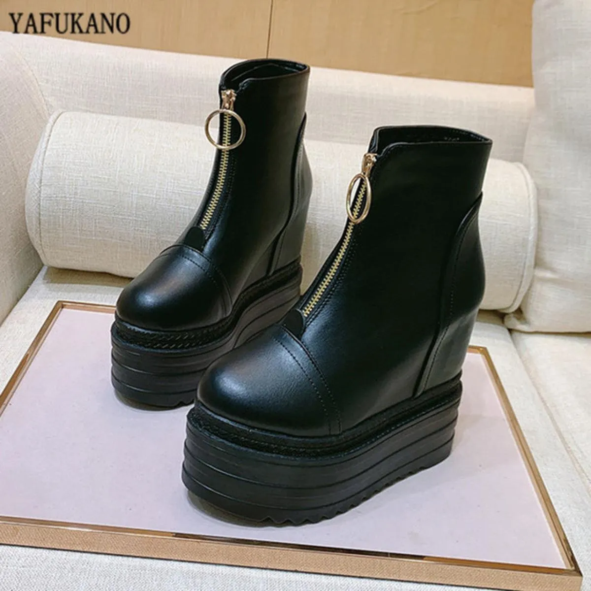 Women's ankle boots with 13 cm wedge heel, thick sole, short boots with front zipper, high heel for women, B