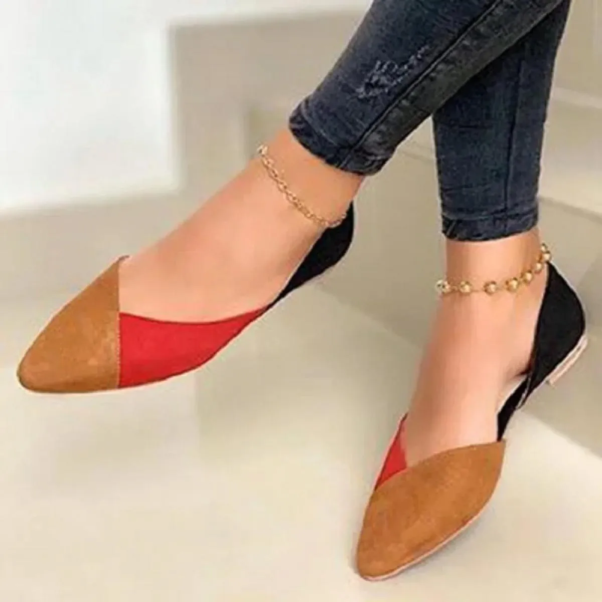 Women's casual shoes Flat sandals Women's fashion Mixed colors Women's loafers Pointed toe Slip-on Women's office shoes