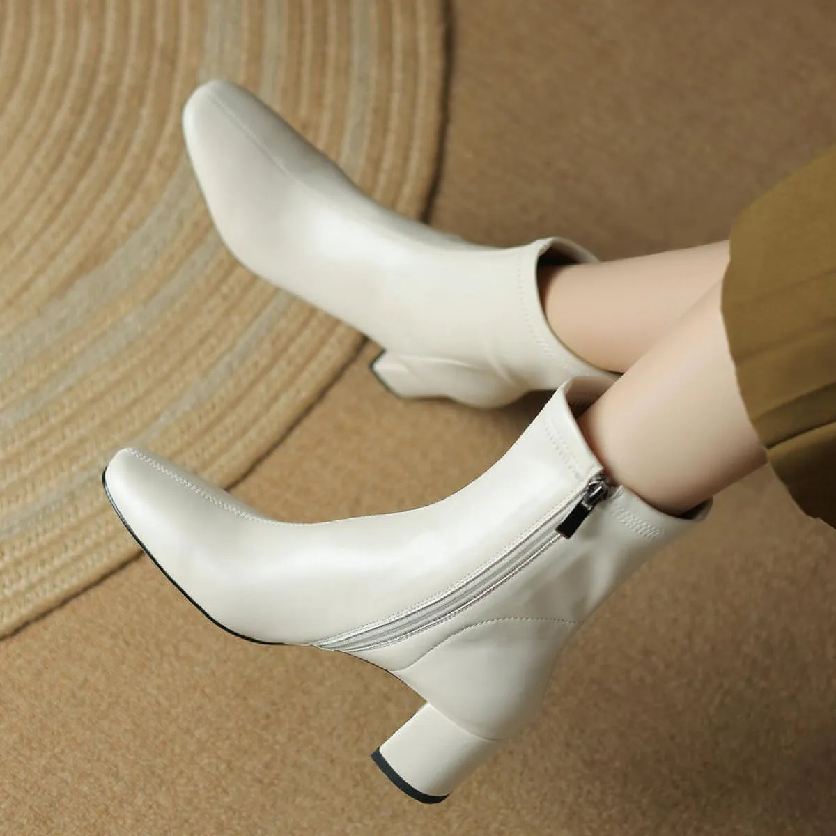 Women's genuine leather high heel work boots spring autumn ladies shoes size 34-42