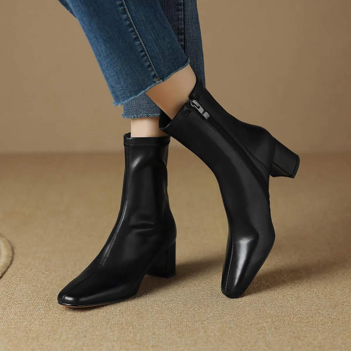 Women's genuine leather high heel work boots spring autumn ladies shoes size 34-42
