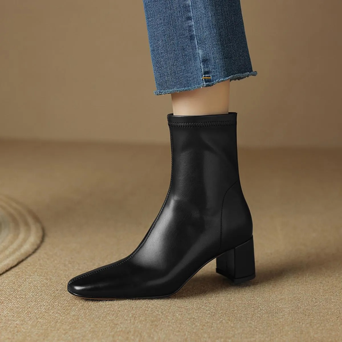 Women's genuine leather high heel work boots spring autumn ladies shoes size 34-42