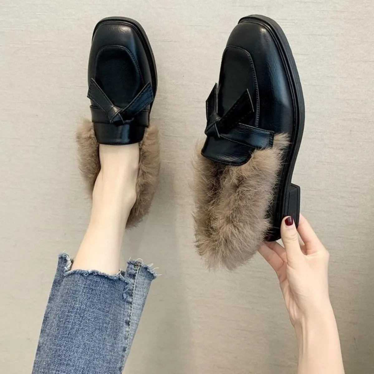 Women's Plus Velvet Square Toe Flat Moccasins Low Heel Solid Color Bow Knot Comfortable Shoes