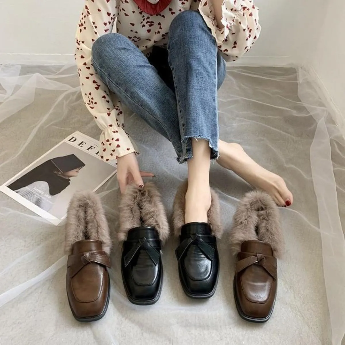 Women's Plus Velvet Square Toe Flat Moccasins Low Heel Solid Color Bow Knot Comfortable Shoes