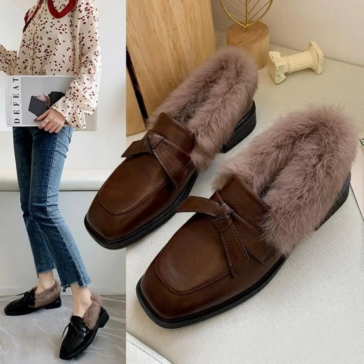 Women's Plus Velvet Square Toe Flat Moccasins Low Heel Solid Color Bow Knot Comfortable Shoes