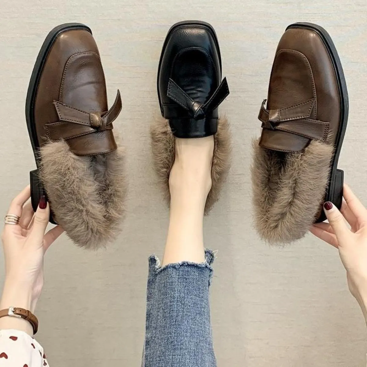 Women's Plus Velvet Square Toe Flat Moccasins Low Heel Solid Color Bow Knot Comfortable Shoes