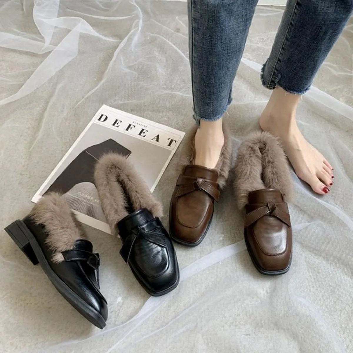 Women's Plus Velvet Square Toe Flat Moccasins Low Heel Solid Color Bow Knot Comfortable Shoes