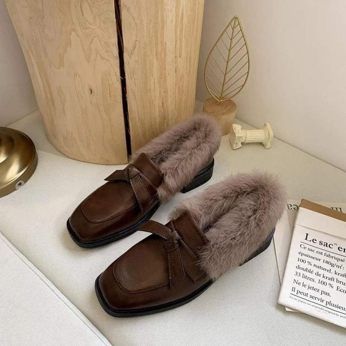Women's Plus Velvet Square Toe Flat Moccasins Low Heel Solid Color Bow Knot Comfortable Shoes