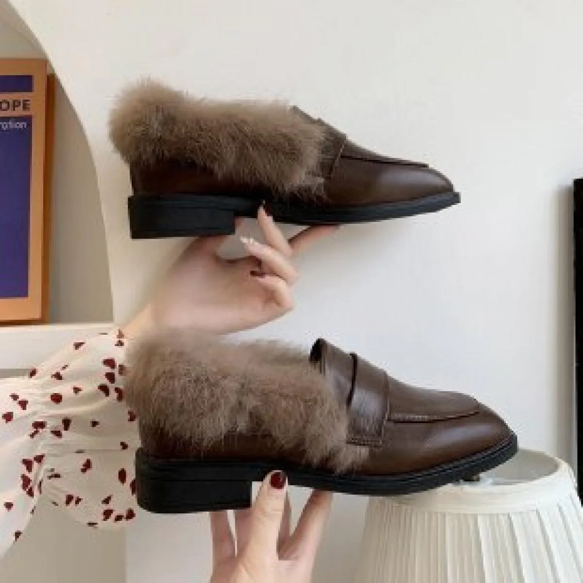 Women's Plus Velvet Square Toe Flat Moccasins Low Heel Solid Color Bow Knot Comfortable Shoes