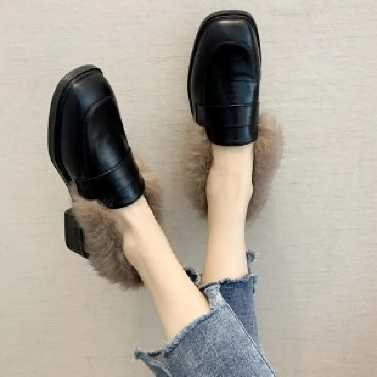 Women's Plus Velvet Square Toe Flat Moccasins Low Heel Solid Color Bow Knot Comfortable Shoes
