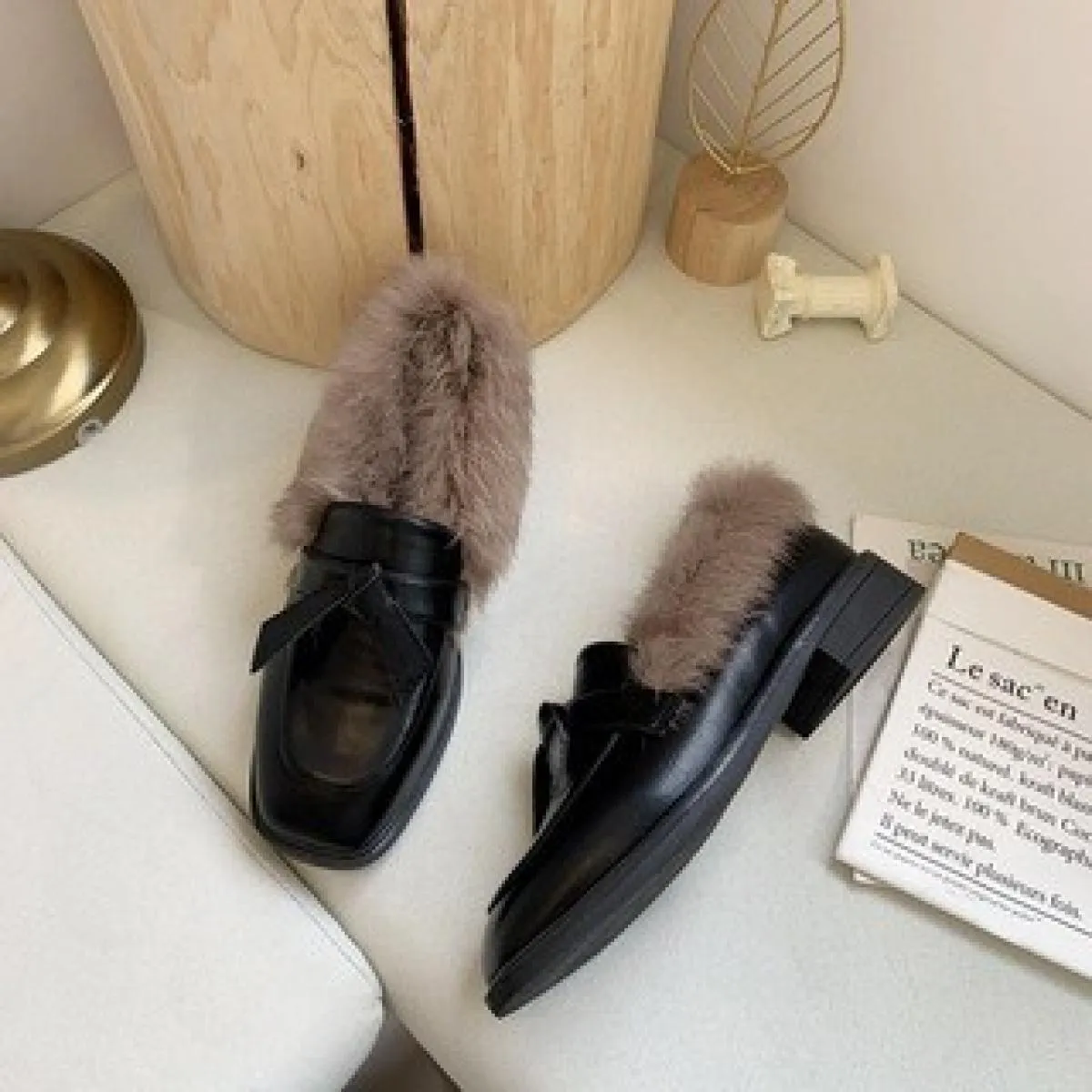 Women's Plus Velvet Square Toe Flat Moccasins Low Heel Solid Color Bow Knot Comfortable Shoes
