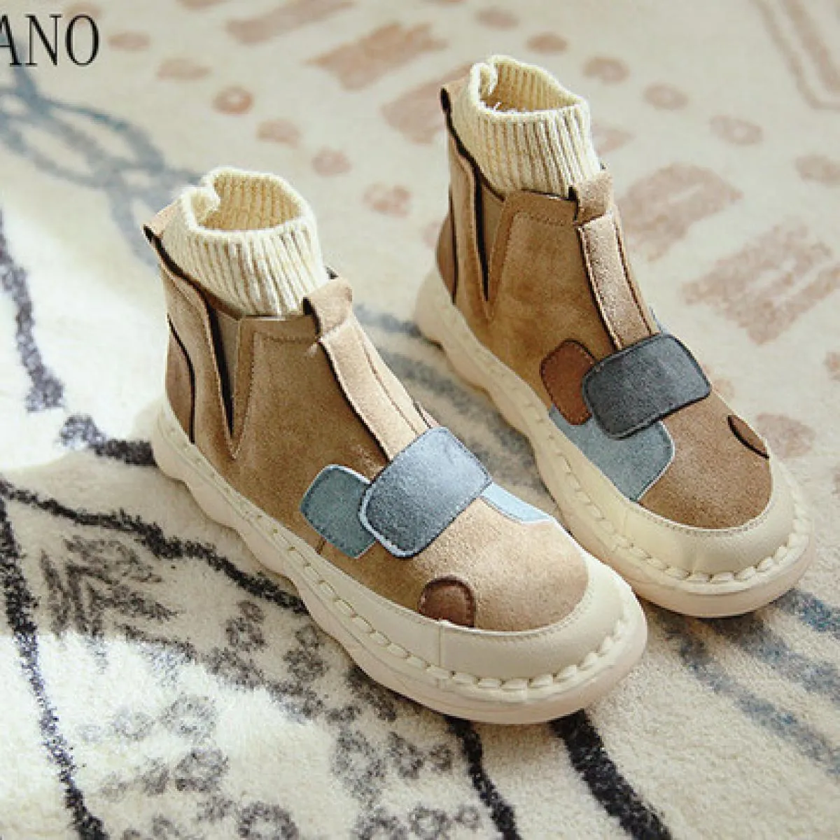 Women's retro literary stitching ankle boots Soft suede leather sole Short woolen penny loafers boots