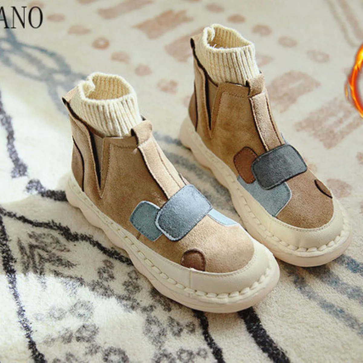 Women's retro literary stitching ankle boots Soft suede leather sole Short woolen penny loafers boots