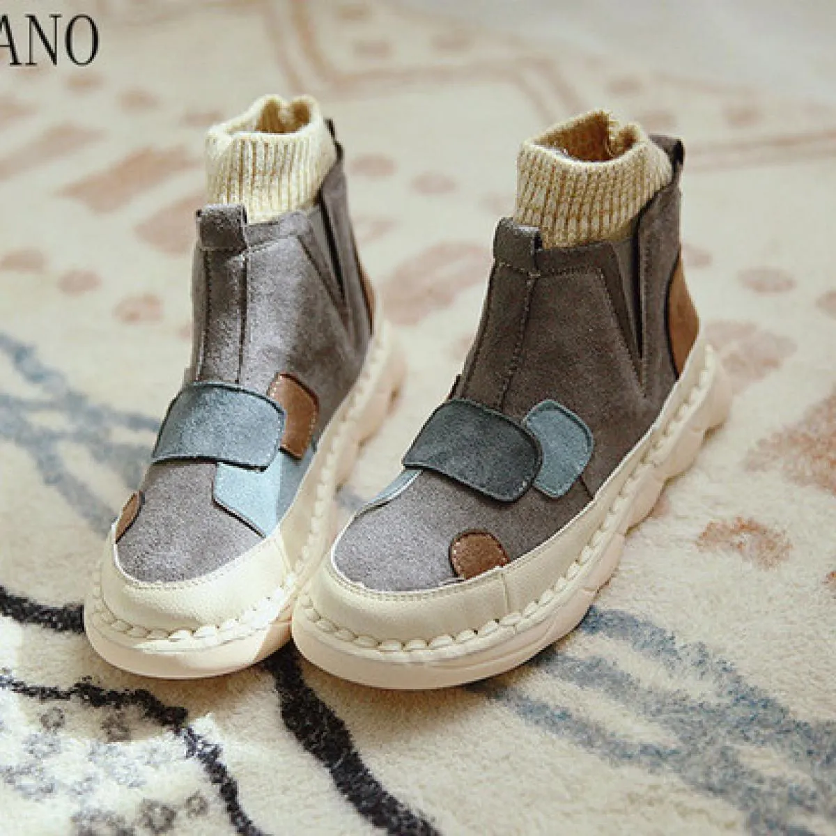 Women's retro literary stitching ankle boots Soft suede leather sole Short woolen penny loafers boots