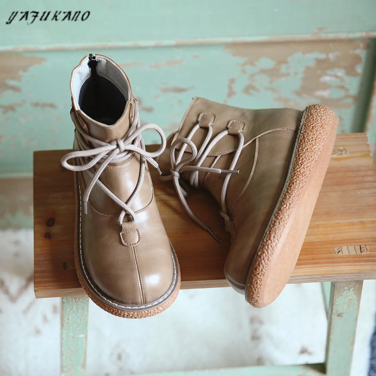 Women's round toe boots Mori retro literary short boots Casual college-style original handmade
