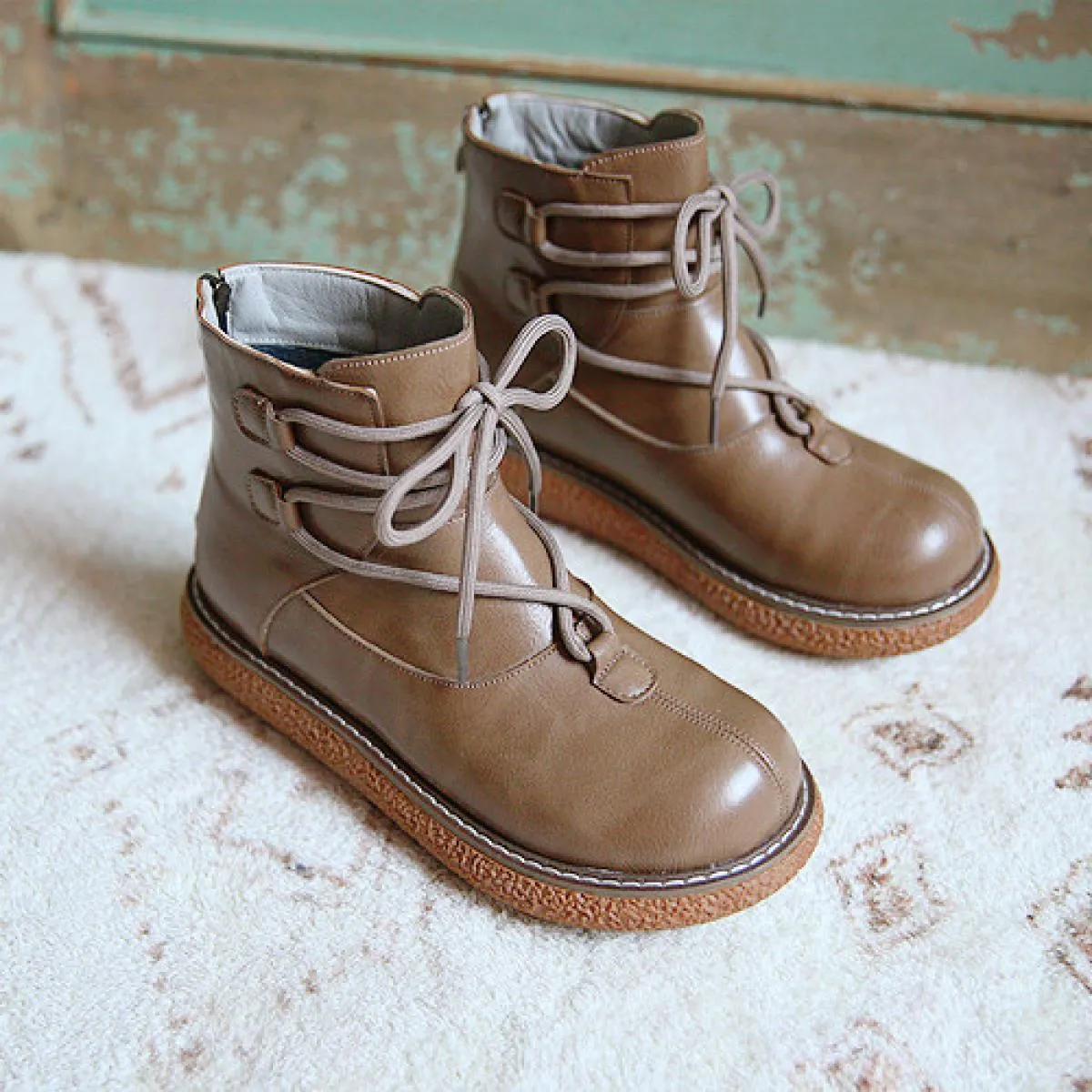 Women's round toe boots Mori retro literary short boots Casual college-style original handmade