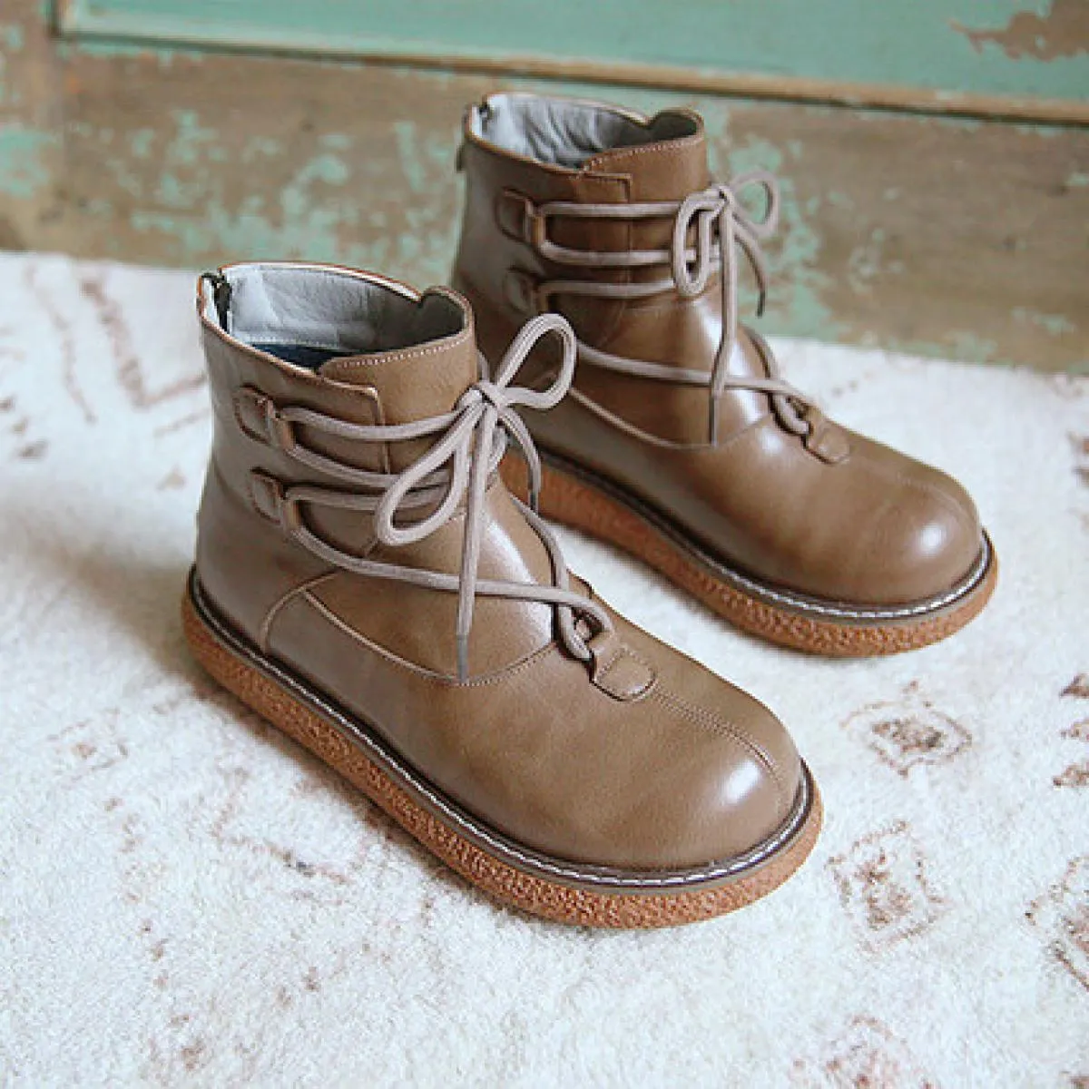 Women's round toe boots Mori retro literary short boots Casual college-style original handmade