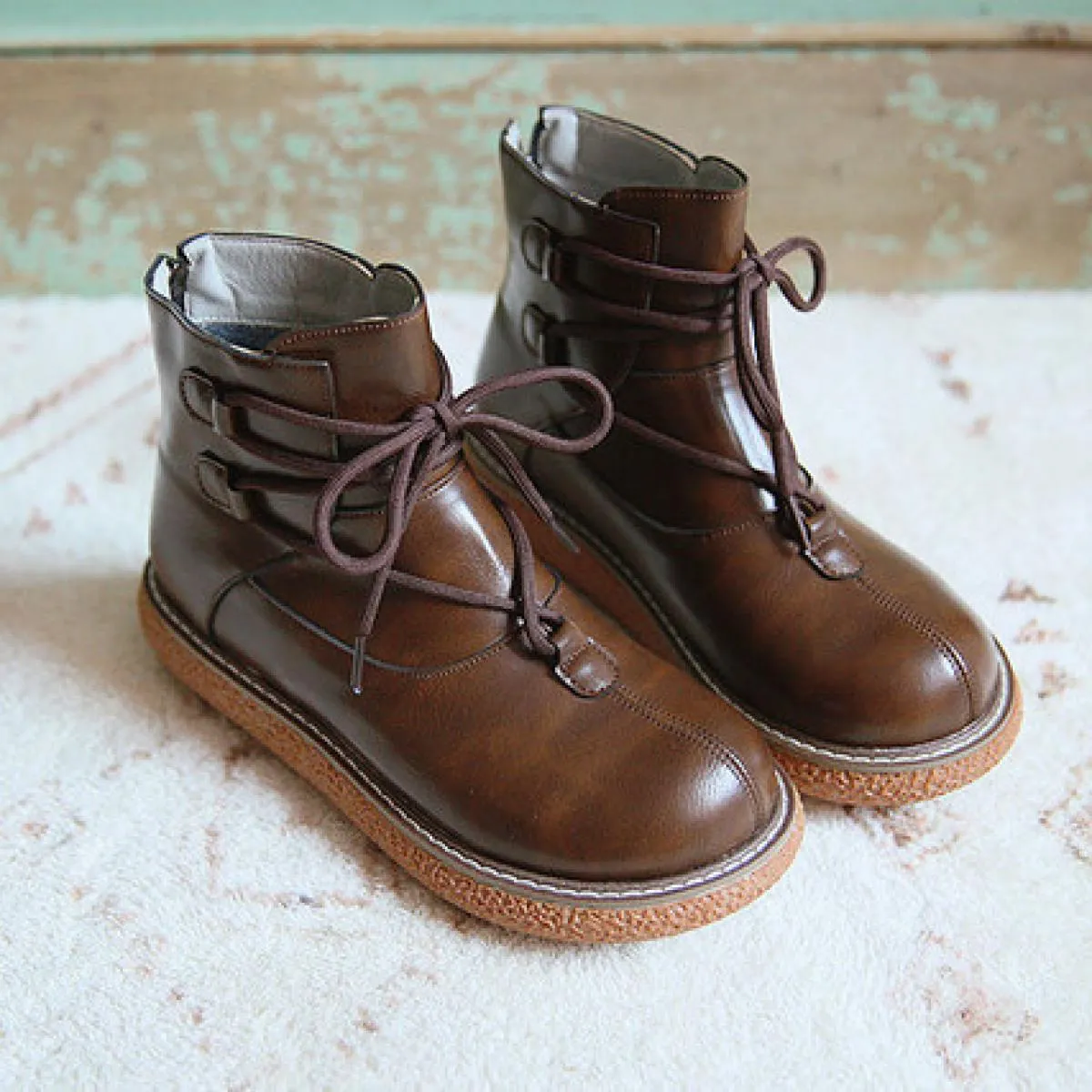 Women's round toe boots Mori retro literary short boots Casual college-style original handmade