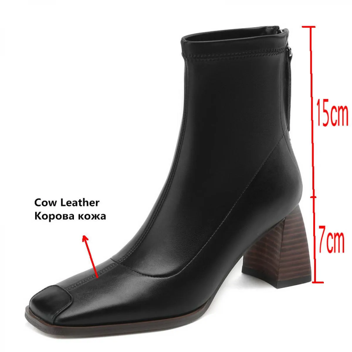 Women's Square Toe Chunky Heel Genuine Leather Office Lady Basic Fall Winter Work Ankle Boots
