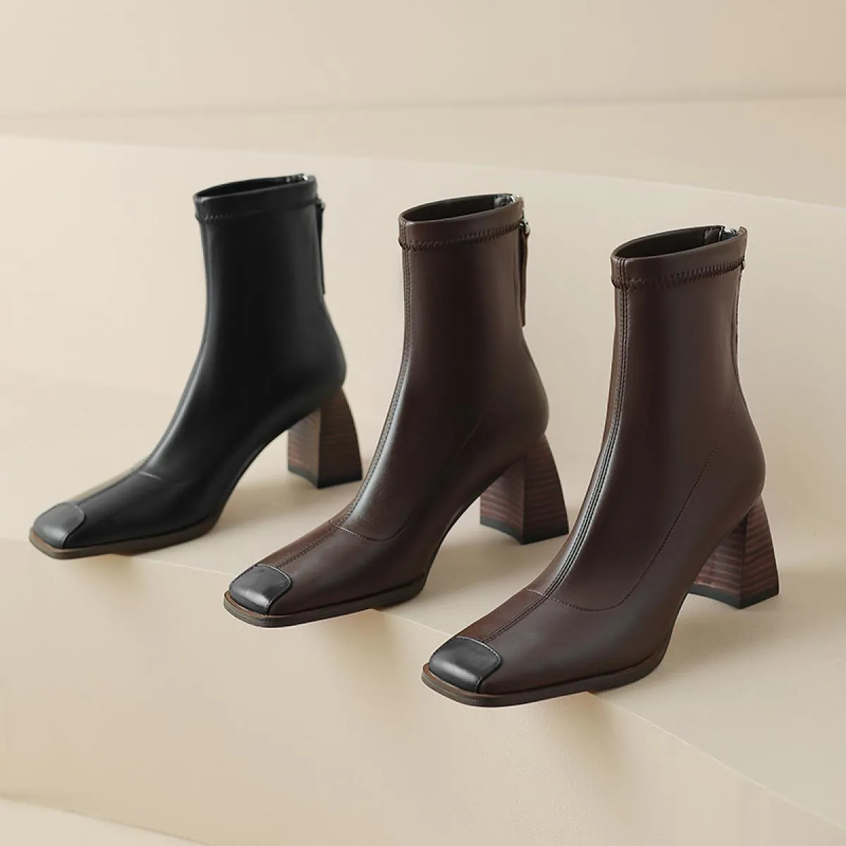 Women's Square Toe Chunky Heel Genuine Leather Office Lady Basic Fall Winter Work Ankle Boots