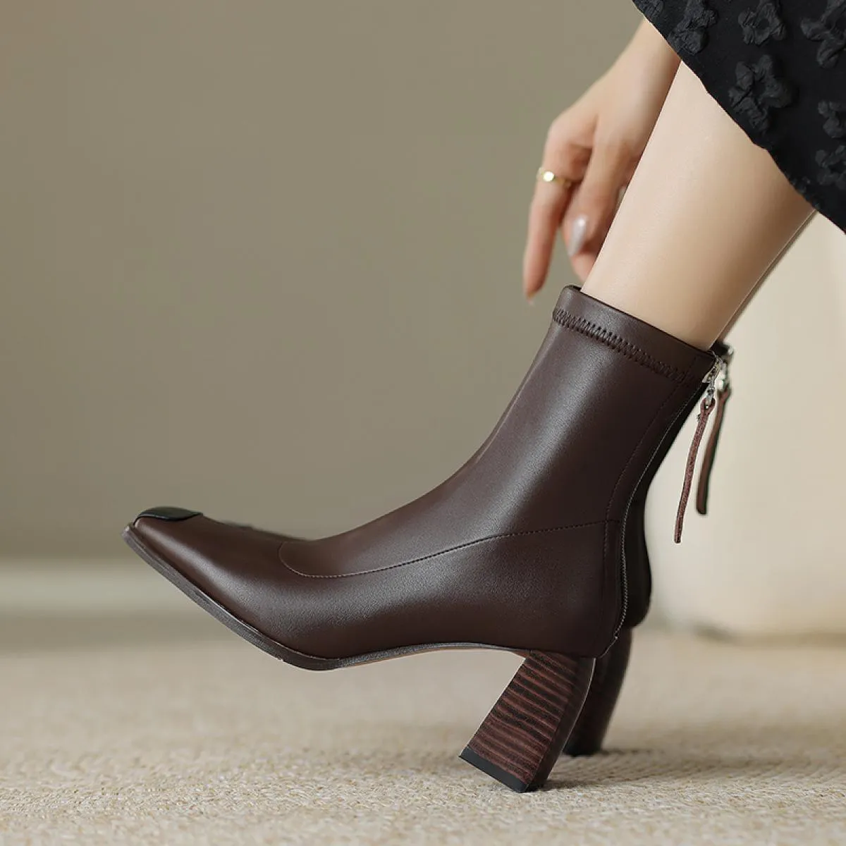 Women's Square Toe Chunky Heel Genuine Leather Office Lady Basic Fall Winter Work Ankle Boots