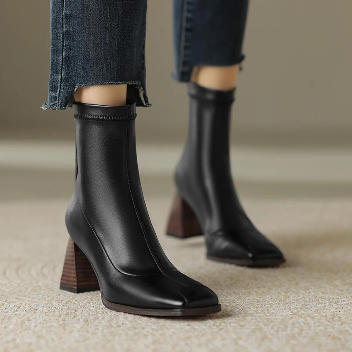 Women's Square Toe Chunky Heel Genuine Leather Office Lady Basic Fall Winter Work Ankle Boots