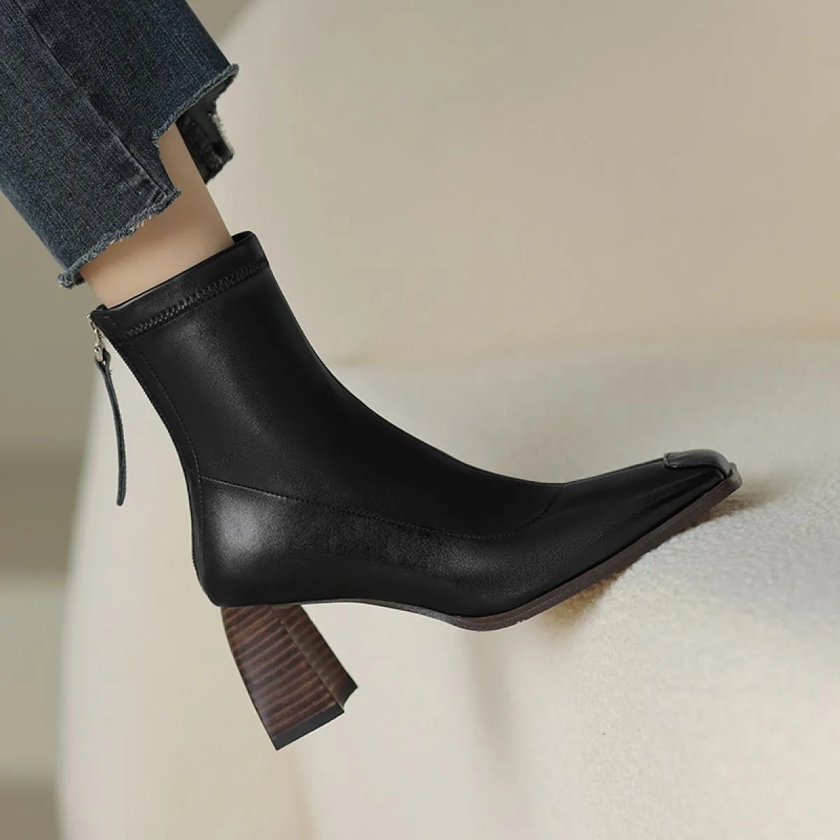 Women's Square Toe Chunky Heel Genuine Leather Office Lady Basic Fall Winter Work Ankle Boots