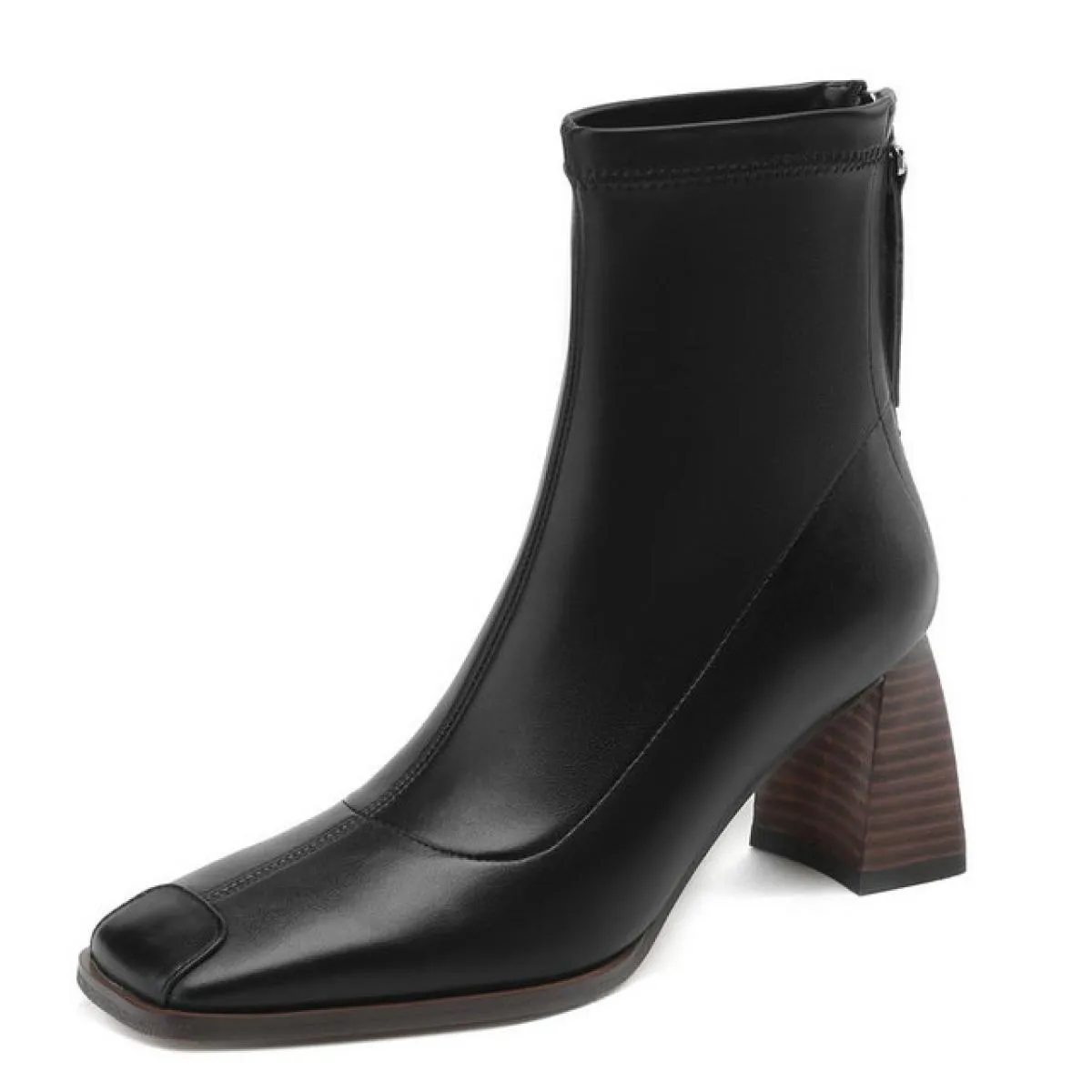 Women's Square Toe Chunky Heel Genuine Leather Office Lady Basic Fall Winter Work Ankle Boots