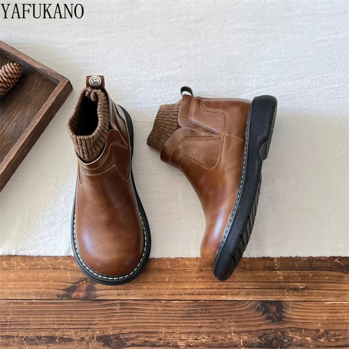 Wool Socks Short Retro British Style Leather Boots Casual Winter Boots with Warm Thick Sole